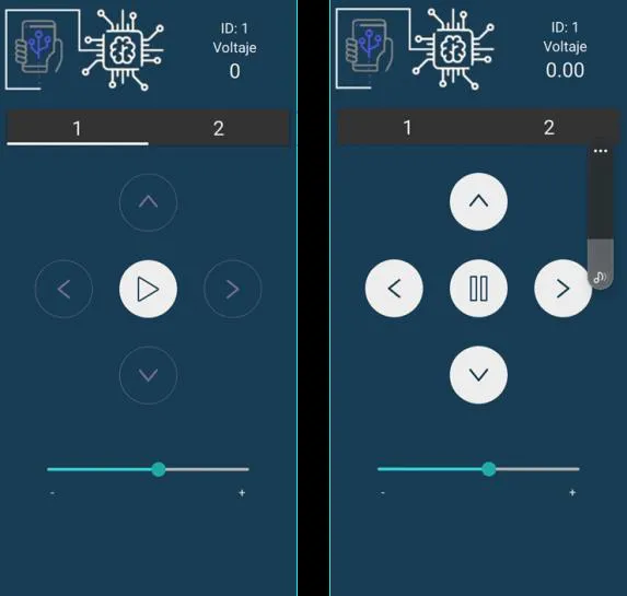 Pantallas de la app Android de control: pestañas 1 y 2, botones de dirección, play/pausa y control de velocidad